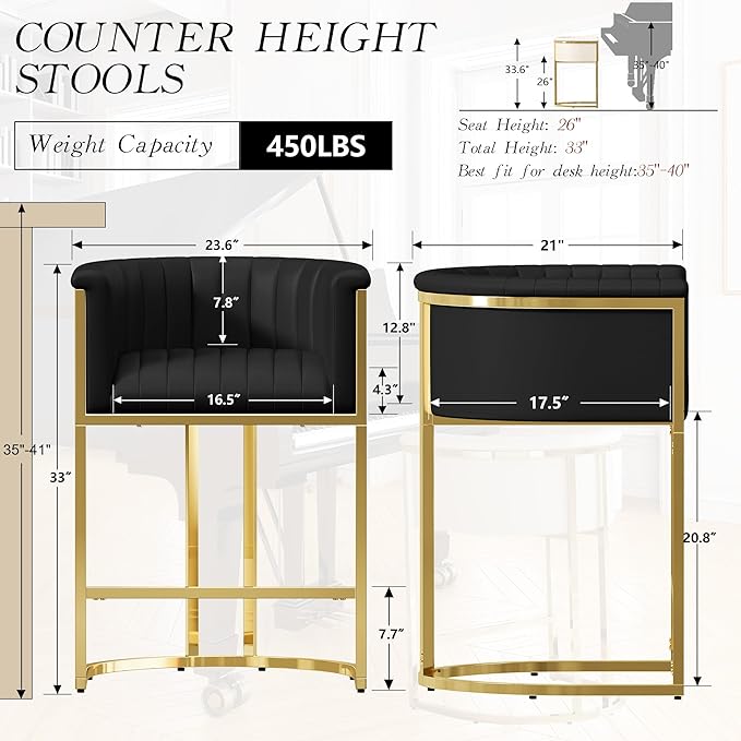 Modern Counter Height Bar Stools,Bar Stools Set of 1,PU Leather Upholstered Barrel Barstools with Backs and Arms,26'' Kitchen Island Chairs,Mirror Champagne Gold Base,Ink Black Leather