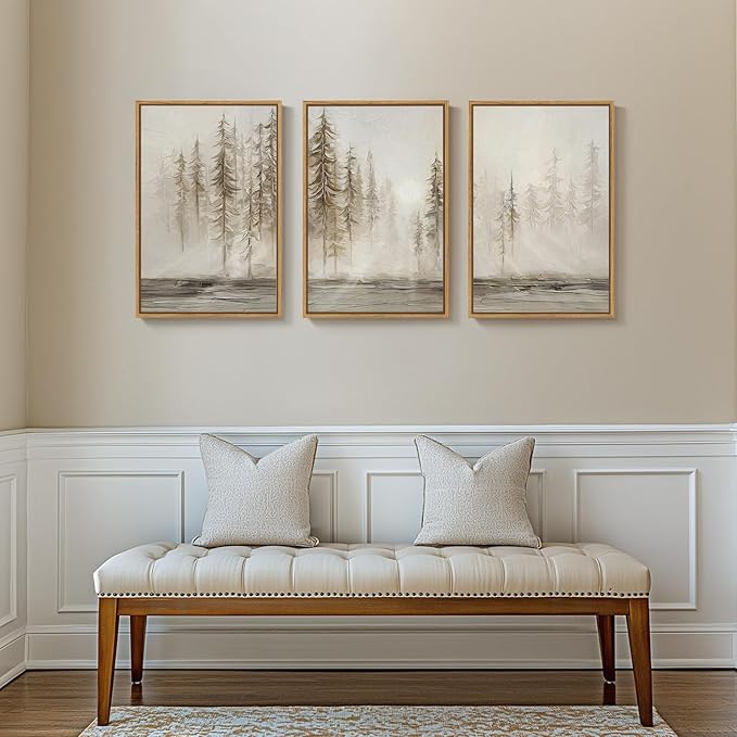 Framed Neutral Tree Set of 3 Wall Art for Living Room, Abstract Modern Rustic Landscape Beige Canvas Artwork for Walls, Nordic Misty Forest Farmhouse Wall Decor for Bedroom Hallway Office, 16x24 Inch
