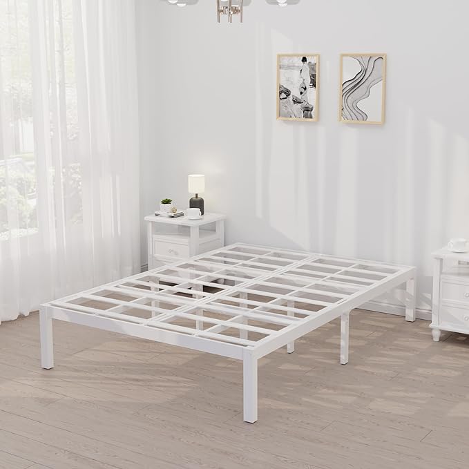 14 Inch Bamboo Bed Frame – Solid Wood Platform Bed Frame, Strong and Stable, with Non-Slip Slats for Support, No Box Spring Needed, Easy to Assemble, Noise-Free (White, Full)