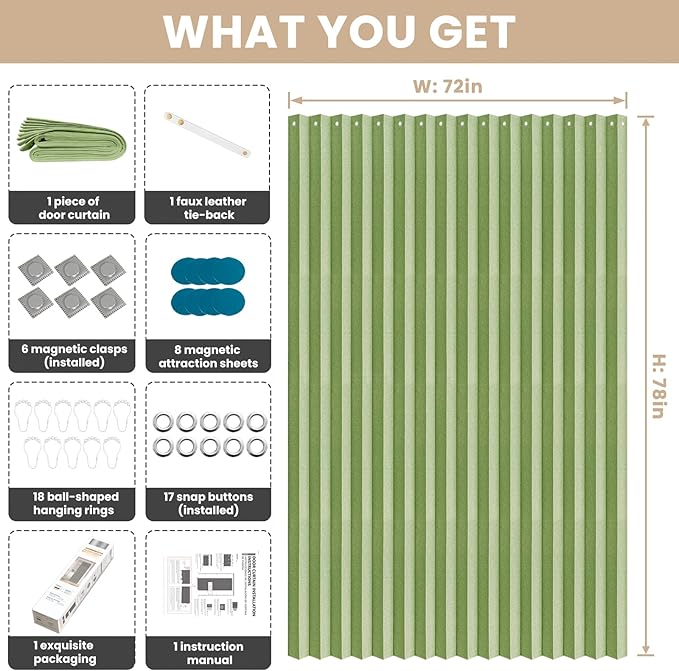 Jilron Accordian Door Curtain, 100% Blackout Folding Magnetic Doorway Curtains,Linen Style Closet Doors,for Room Divider,Privacy Protection（W72 x L78,Green,1 Panel）
