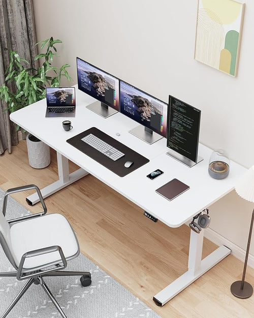 55" Electric Standing Desk Adjustable Height, Sit Stand up Desk for Home Office & Computer Workstation, 2 Memory Height Settings, Splice Board, 2 Hooks, White Frame/White Top