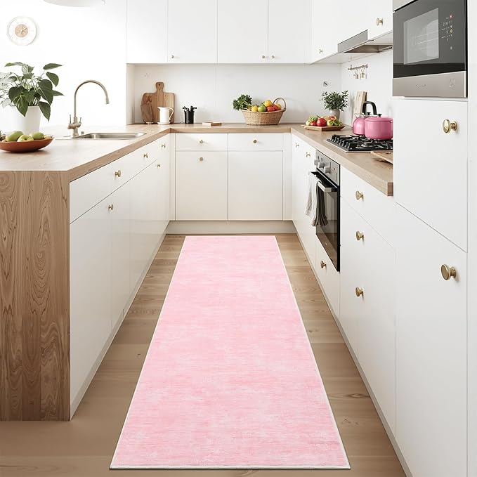 RUGSREAL 2x6 Runner Rug Washable Kitchen Runner Rug Modern Abstract Runner Mat for Hallway Contemporary Solid Rug Non-Slip Foldable Aesthetic Accent Floor Carpet for Living Room Bedroom, Pink