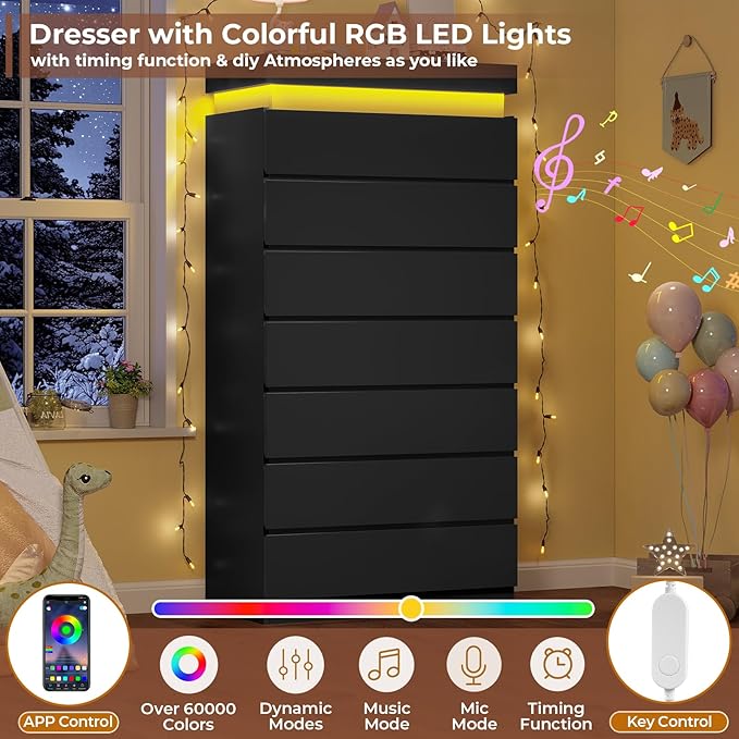 HAUOMS Tall 7 Drawer Dresser with LED Light, Black Modern Chest of Drawers for Bedroom,Closet Dressers with Drawers for Living Room, Entryway, Hallway