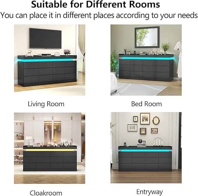 Gyfimoie 12 Drawer Dresser with Power Outlet, Dresser with LED Light, Modern Chest of Drawers for Closet, Double Wide Drawer Organizer Cabinet for Bedroom, Living Room (Black, 12 Drawers)