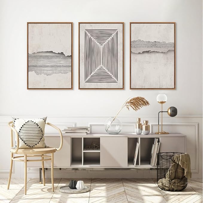 CHDITB Abstract Modern Framed Canvas Wall Art Set, Geometric Line Textured Wall Decor, Minimalist Neutral Wall Painting, Beige Black Art Prints for Living Room, Bedroom, Office - Large Size 16"x24"x3