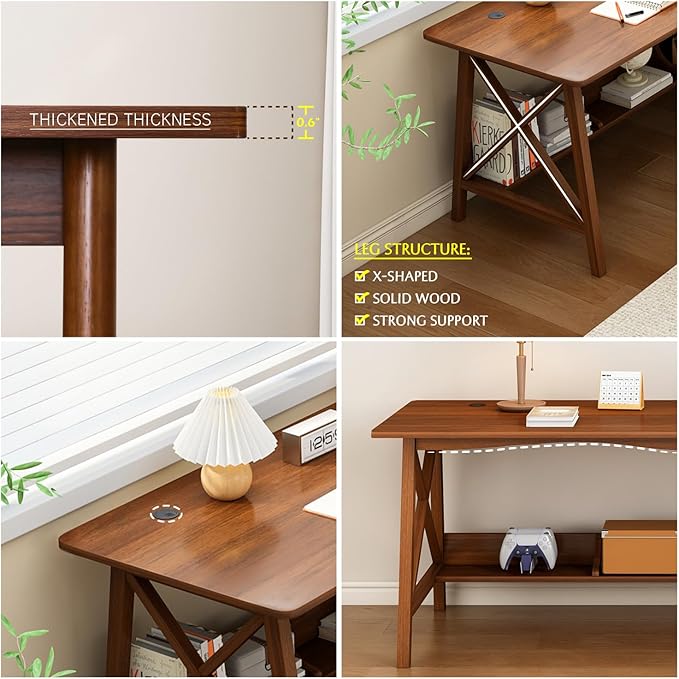 NELYE Extra Long Desk with Bookshelf - Wooden Home Office Work Study Table, 2-Person Writing Computer Workstation with Storage Shelf in Oak, 63" Wx24 Dx30 H