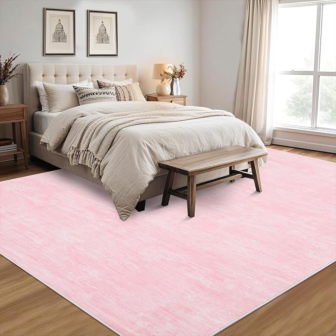 RUGSREAL Washable Rug 10x13 for Living Room Modern Abstract Area Rug Non-Slip Large Contemporary Bedroom Rug Stain Resistant Aesthetic Accent Floor Carpet Foldable Solid Rug for Home Office, Pink