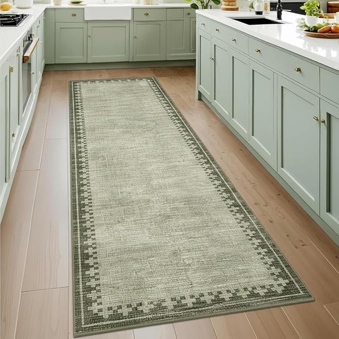 GarveeHome Modern Bordered Runner Rug 2x6 for Hallway Non Slip Low Pile Neutral Kitchen Runner Rugs Washable Bedroom Throw Carpet Geometric Cross Runners Mat for Living Room Nursery Laundry, Green