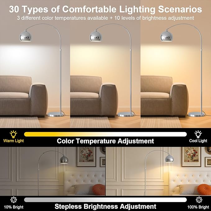 Glossy Silver Arc Floor Lamp 71" Tall, Dimmable 12W LED Smart Standing Lamp with Remote, 360° Rotatable Adjustable Height & Span, Modern Floor Lamp for Living Room, Bedroom, Office, Library