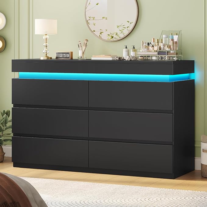 HAUOMS 6 Drawer Dresser with LED Light, Black Modern Chest of Drawers for Bedroom,Closet Dressers with Drawers for Living Room, Entryway, Hallway