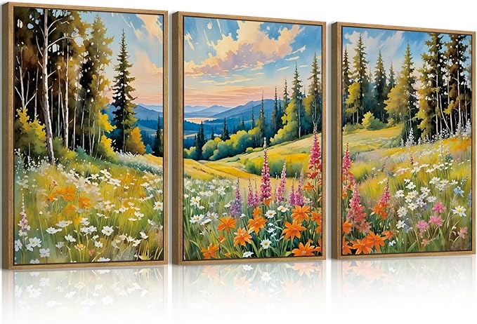 Anyzal Large Mountain Landscape Framed Wall Art 16x24 Inch Colorful Forest Floral Field Canvas Wall Decor Set of 3 for Living Room Bedroom Dining Room