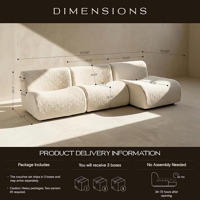 Curved Sectional Couch with Chaise Lounge, 3-Seat Reversible L Shaped Sofa, Deep Seat Sherpa Boneless Modular Couches for Living Room, 101" Modern Curved Sofas – No Assembly, White