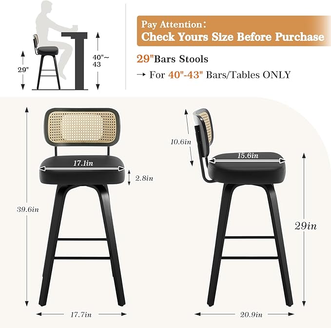 Bekrvio Swivel Bar Height Stools Set of 4, Upholstered Faux Leather Barstools with Rattan Back, 29" Seat Height Tall Bar Stools for Kitchen Counter, Black Wood Frame, Black