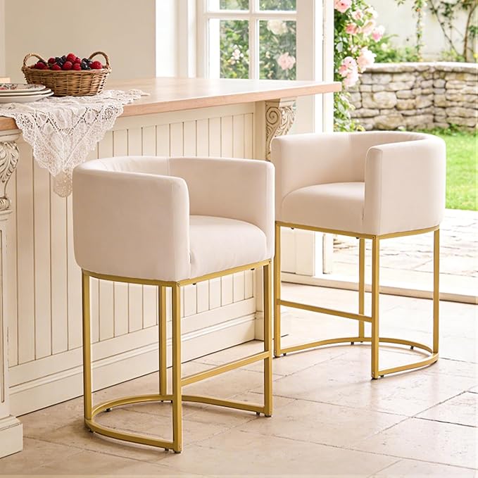 ClinQ 26" H Counter Height Bar Stools Set of 3, Modern Barrel Counter Stools with Backrest and Arms, Gold Metal Frames, Linen Fabric Upholstered Accent Barstools for Kitchen Island, Beige