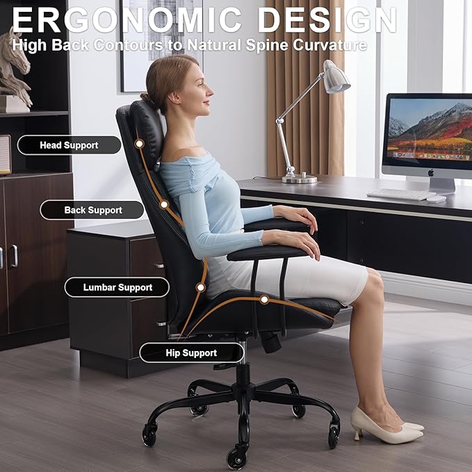 E-Motie Office Chair, Leather Desk Chair with Rubber Wheels, Ergonomic Computer Chair 500 LBS with Lumbar Support, High Back Executive Chair for Modern Home Office, Black