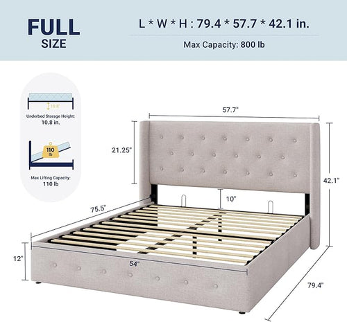 Allewie Full Size Lift Up Storage Bed, Button Tufted Headboard with Wingback, Hydraulic Support, No Box Spring Needed, Light Beige