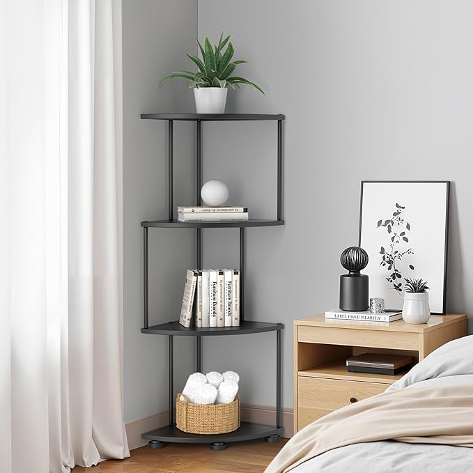 haomsj Metal Corner Shelf Stand 4 Tier 41",Sturdy Baking Paint Process Corner Shelves Display Shelf for Living Room Decor,Wall Corner Bookshelf Office Small Space (Black)