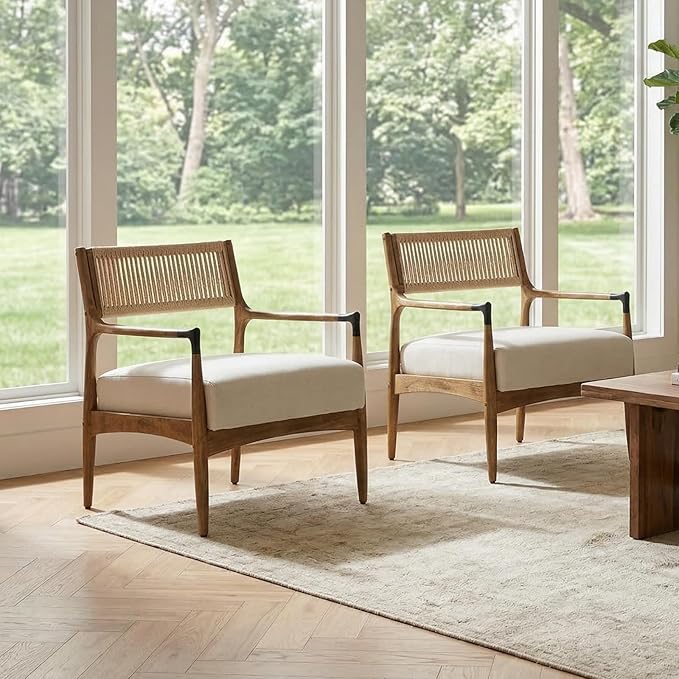 Ya-Home Mid-Century Modern Accent Chairs with Woven Rope Back, Upholstered Linen Fabric Armchairs with Solid Wood Frame for Living Room Bedroom, 2PCS, Beige