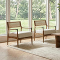 Ya-Home Mid-Century Modern Accent Chairs with Woven Rope Back, Upholstered Linen Fabric Armchairs with Solid Wood Frame for Living Room Bedroom, 2PCS, Beige
