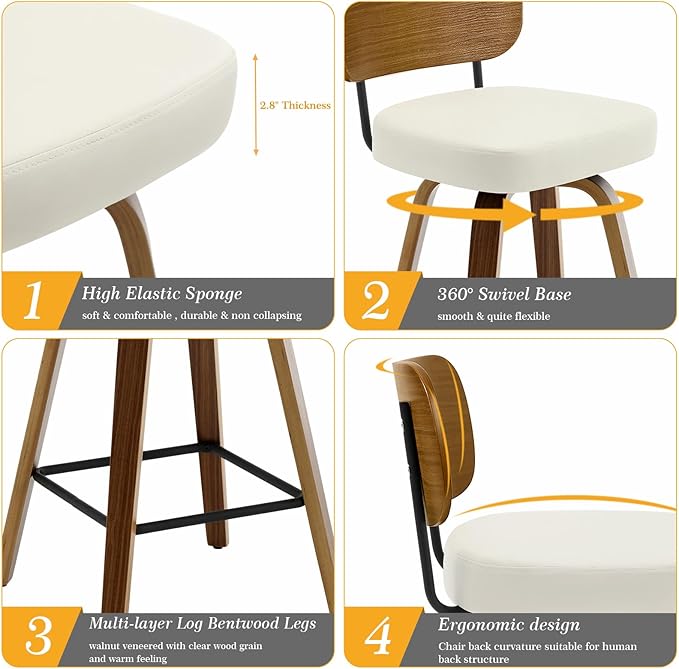 Bekrvio Swivel Counter Height Bar Stools Set of 4, Mid-Century Modern Upholstered Faux Leather Barstools with Wood Back, 26" Seat Height Bar Stools for Kitchen Island, Cream Seat and Walnut Frame