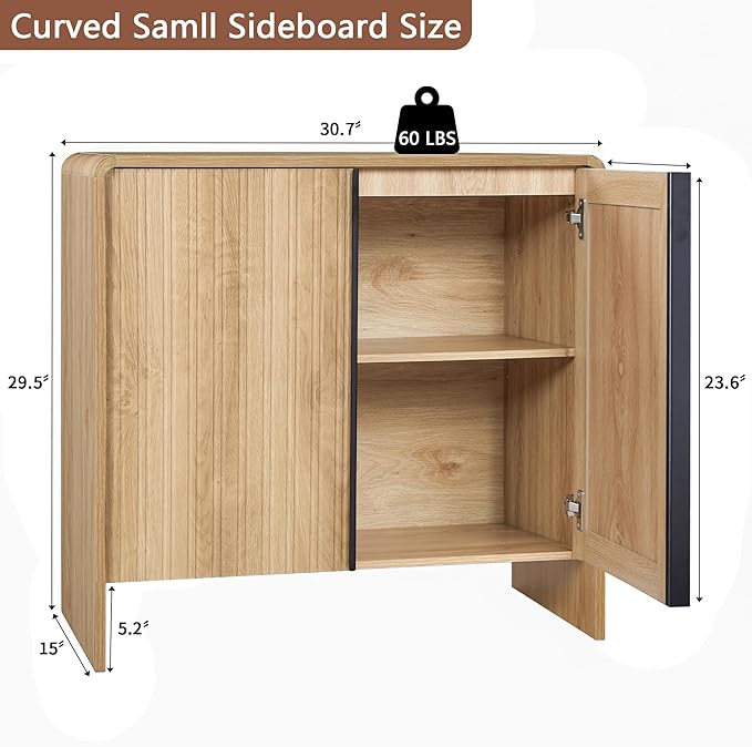 Bifins 31.5” Fluted Sideboard Buffet Cabinet with Storage,Mid Century Modern Small Wood Storage Cabinet with Arched Profile for Dining Room Kitchen Living Room (Oak 1pc)