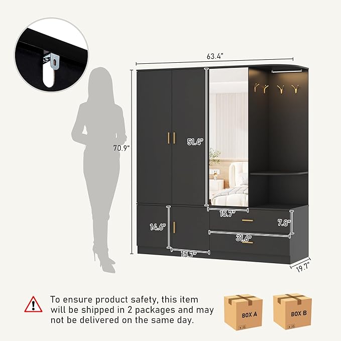 XVD Armoire Wardrobe Closet with Mirror & Sensor Light, Bedroom Armoire with 5 Doors & 2 Drawers, Modern Wooden Large Wardrobe Closet with Shelves, 4 Hooks, 2 Hanging Roods, Open Space, Black