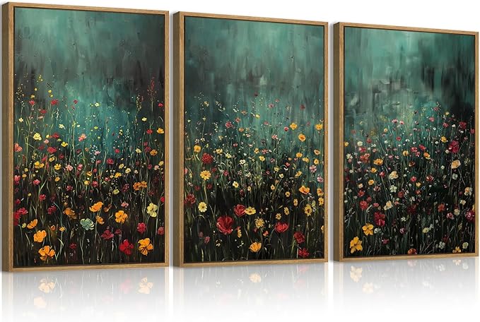 Anyzal Large Dark Moody Wildflowers Framed Wall Art 16x24 Inch Green Watercolor Floral Landscape Canvas Wall Decor Modern Botanical Prints for Living Room Bedroom Office Set of 3