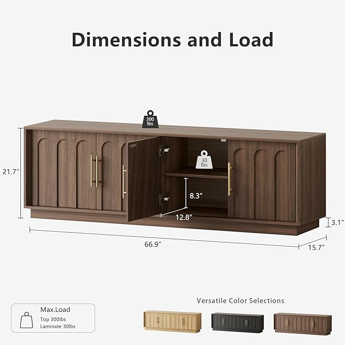 FORTUNETEC TV Stand for 75 Inch TV, Mid Century Modern TV Stand with Arched Design, Wood Grain Finish, Media Console with Adjustable Shelves, 67" Entertainment Center for Living Room Bedroom, Walnut