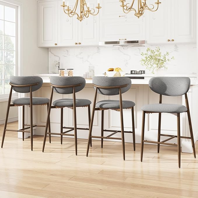 MALOL Bar Stools Set of 4, Counter Height bar stools, Kitchen Bar Stools with Backs, Modern Upholstered, Modern Bar Stools with Metal Legs for Kitchen Island, Counter, Light Grey