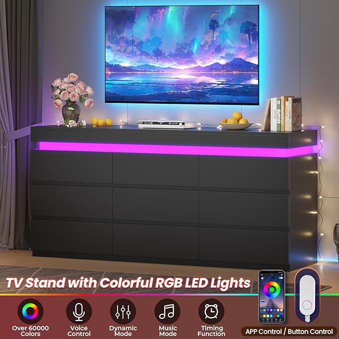 HAUOMS 9 Drawer Dresser with LED Light, Black Modern Chest of Drawers for Bedroom,Long Dresser with Drawers for Living Room, Entryway, Hallway