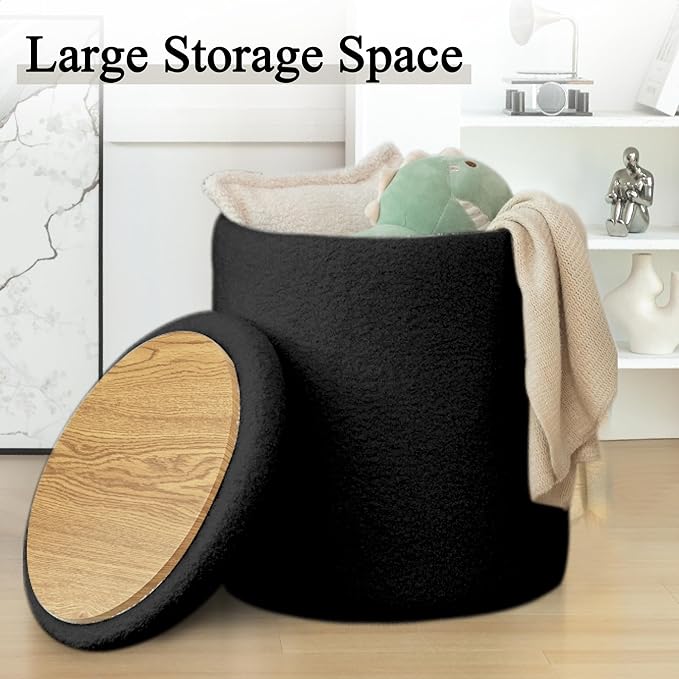 YSICK Round Ottoman with Storage, Set of 2, Small Vanity Stool as Vanity Chair, Sherpa Ottoman Foot Rest for Small Space, Living Room, Bedroom, Black