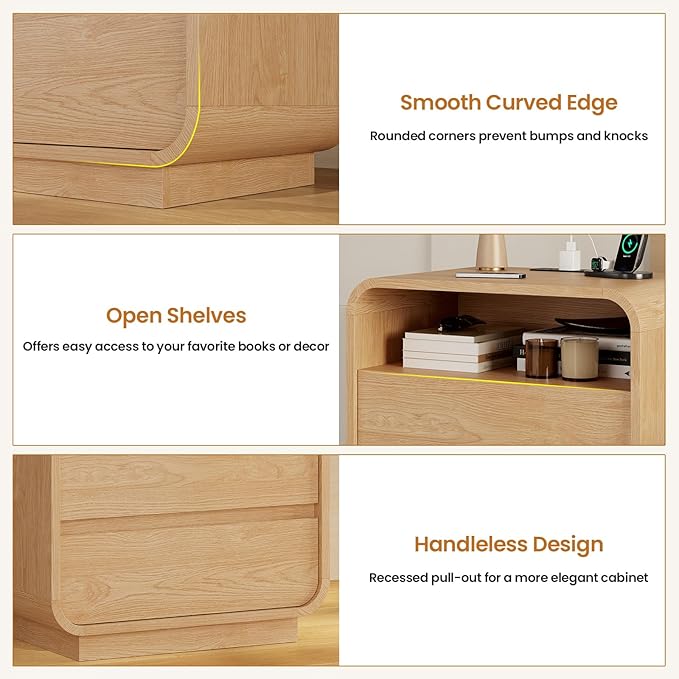 HAUOMS 25" Tall Modern Nightstand with Charging Station, 23.6" Wide Wood Bedside Table w/2 Storage Drawers, Curved Profile Design, Large Mid Century End Table for Bedroom, Living Room, Natural Oak