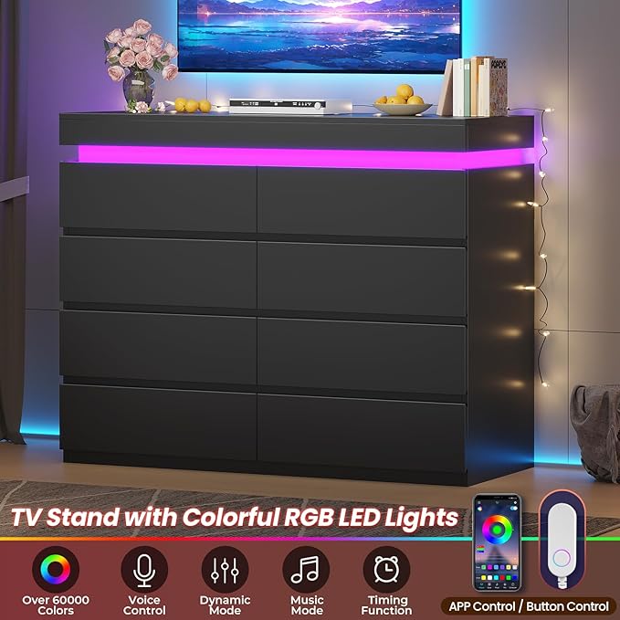 HAUOMS 8 Drawer Dresser with LED Light, Black Modern Chest of Drawers for Bedroom,Closet Dressers with Drawers for Living Room, Entryway, Hallway
