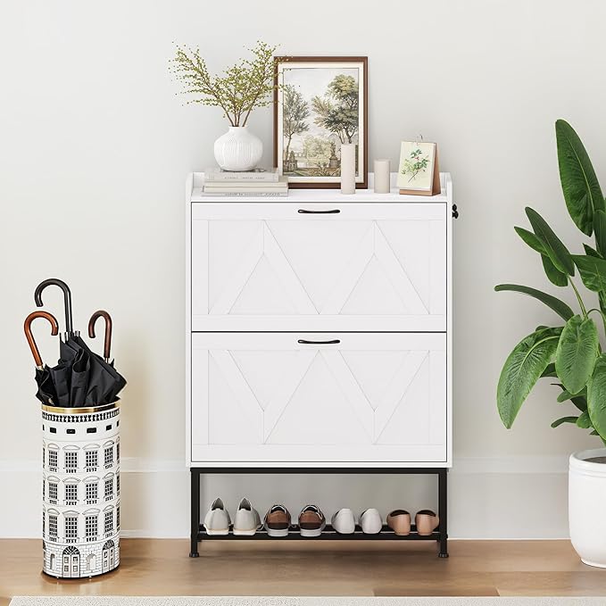 Cozyman Narrow Shoe Storage Cabinet with 2 Flip Drawers & Adjustable Shelf for Entryway, Freestanding Hidden Slim Shoe Organizer Rack, White