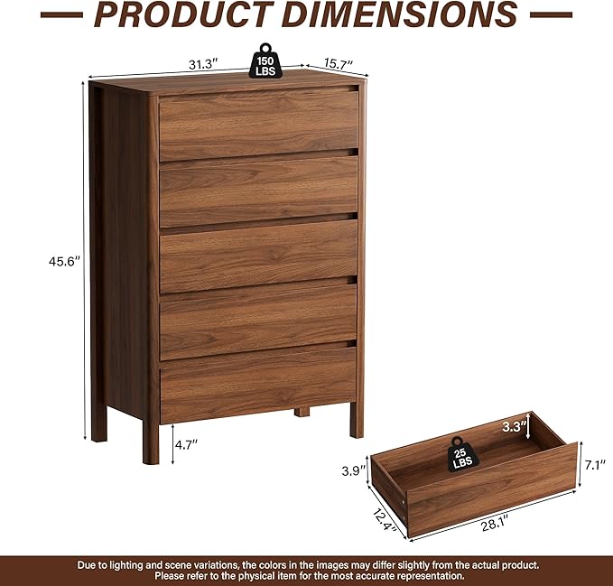 Furniway 45" Tall Mid-Century Modern Dresser for Bedroom, 5 Drawer Chest of Drawers with Solid Wood Legs, Large Storage Tall Dresser, Walnut