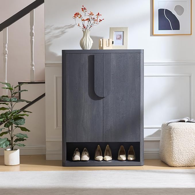 Shoe Cabinet 44" Tall Large Storage Organizer Modern Shoe Rack with Doors & 4 Shelves Minimalist Free Standing 5-Tier Cabinet for Entryway Hallway Living Room,Gray Black,2PCS