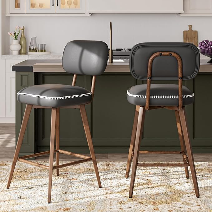 MALOL 26“ Swivel Bar Stools Set of 2, Mid Century PU Leather Counter Height Bar Chairs with Low Back and Metal Legs, Modern Bar Stool Chair for Kitchen Island, Black