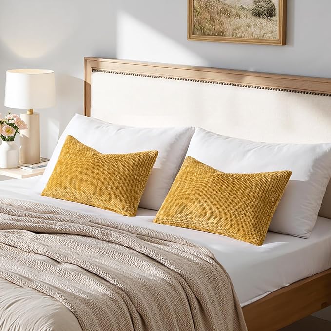 MIULEE Pack of 2 Gold Lumbar Throw Pillow Covers 20x12 Inch Mustard Yellow Summer Modern Boho Decorative Pillow Covers Soft Chenille Farmhouse Cushion Covers for Home Decor Couch Bed Sofa Living Room