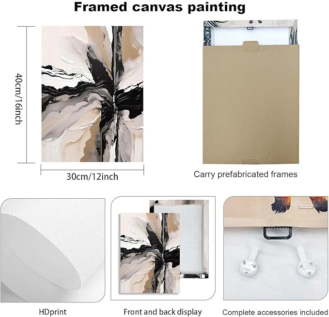 3 Piece Wall Art Framed Canvas Wall Art Modern Abstract Neutral Black White Beige Paint Splash Pictures Wall Decor for Living Room Bedroom Office Wal Decor Room Decor with Hooks and Nails 12x16 Inch