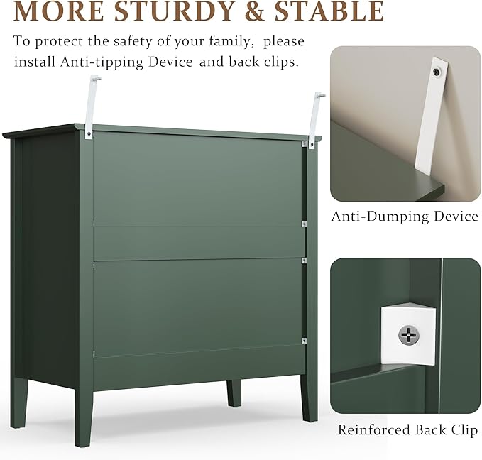 RoyalCraft Large 3 Drawer Dresser Set of 2, Fluted Chest of Drawers with Storage, Modern Painted 30 inch Tall Nightstand for Bedroom Living Room Entryway, Dark Green