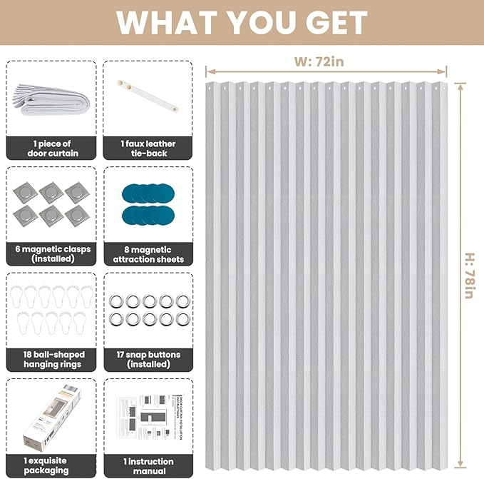 Jilron Accordian Door Curtain, 100% Blackout Folding Magnetic Doorway Curtains,Linen Style Closet Doors,for Room Divider,Privacy Protection（W72 x L78,White,1 Panel）