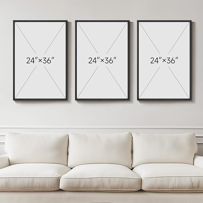 Large Framed Abstract Wall Art for Living Room, Set of 3 Modern Canvas Artwork for Wall, Blue Gray Minimalist Prints Paintings for Bedroom Hallway Office Wall Decor, 24 x 36 Inch