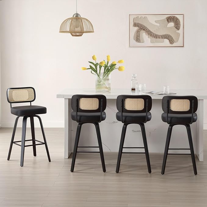 Bekrvio Swivel Bar Height Stools Set of 4, Upholstered Faux Leather Barstools with Rattan Back, 29" Seat Height Tall Bar Stools for Kitchen Counter, Black Wood Frame, Black