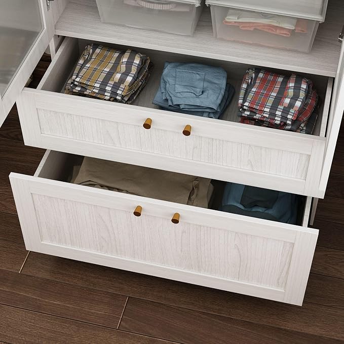 MOUMON 86.6" Wardrobe with Frosted Glass Doors & 2 Drawers, Armoire Closet with Hanging Rod, Top Storage, for Bedroom 31.5”W x 19.7”D x 86.6”H