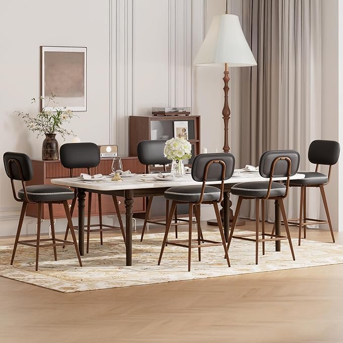 MALOL 26“ Swivel Bar Stools Set of 6, Mid Century PU Leather Counter Height Bar Chairs with Low Back and Metal Legs, Modern Bar Stool Chair for Kitchen Island, Black