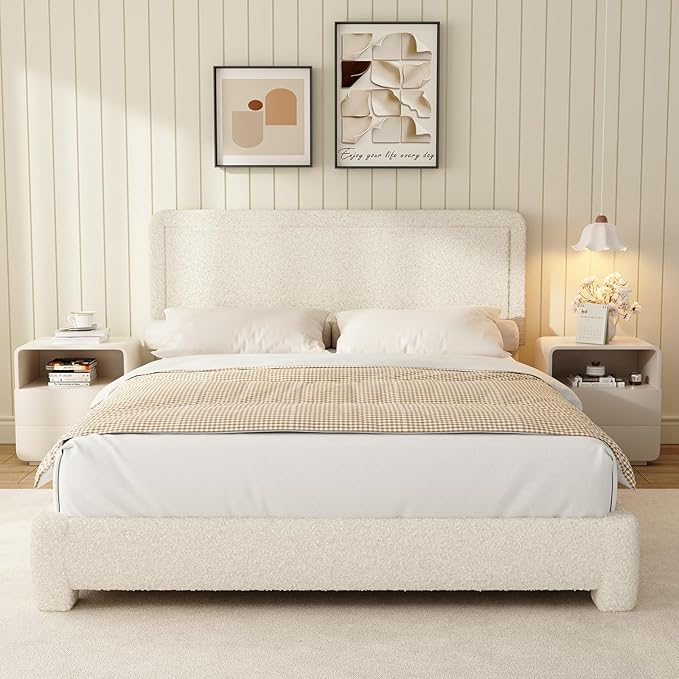 WEUP Full Size Boucle Bed Frame, Upholstered Cloud Bed Frame with Headboard, Soft Rounded Corners, No Box Spring Required, Adjustable Headboard, Easy Assembly