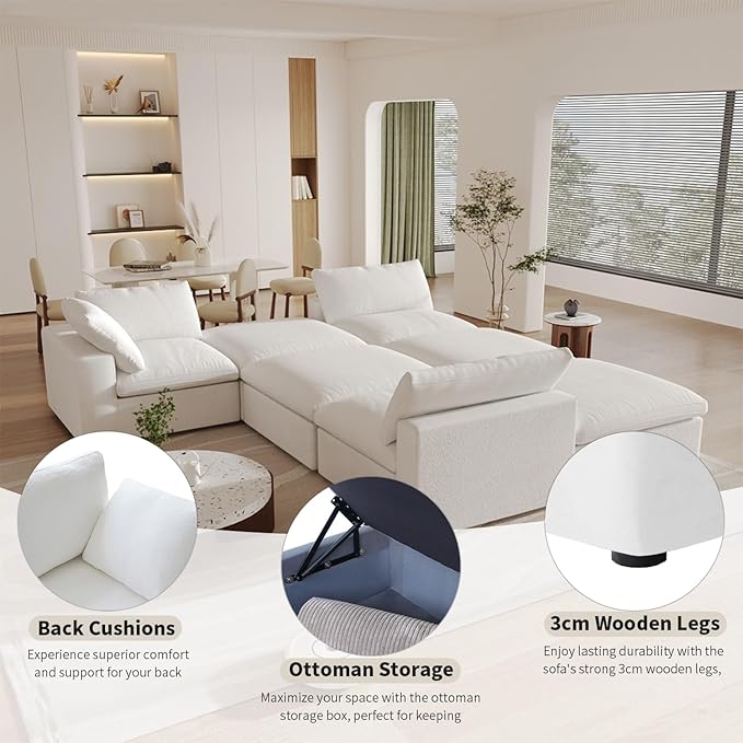 Cloud Couch Modular Sectional Sofa,Oversized 8 Seater Sofa,160.6" U Shaped Convertible Couches with Storage Ottoman Living Room Funiture, Deep Wide Seater,Covers Washable&Replaceable(White)