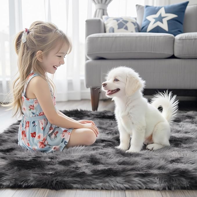Area Rugs 10x14 Living Room, Shaggy Carpet Soft Plush Furry Bedside Rug Large Area Rugs for Bedroom Kids Girls Boys Home Decor Anti Slip(10 x 14, Dark Grey Tie-Dyed)