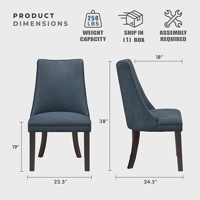 Lexicon Kitchen & Dining Room Chairs, Dining Chairs Set of 2, Fabric Upholstered Dining Chairs, Rubberwood Armless Dining Chairs with Curved Back, Modern Dining Chair, Easy Assembly, Blue Gray