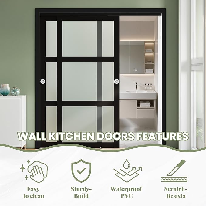 SMARTSTANDARD Sliding Closet Door 60x80(Double 31") Inch, Bypass Frosted Glass 3-Lite,Hardware Kit with Handles Included, Preassembled MDF with PVC Panels for Easy Install, Black